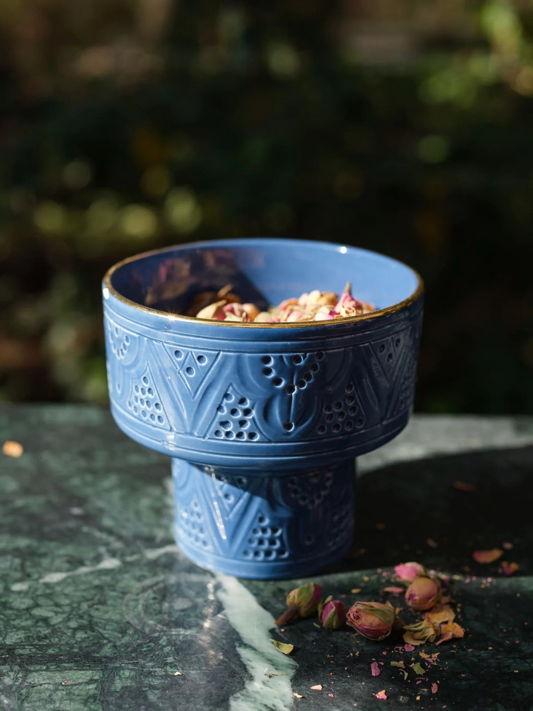 Mini Moroccan Footed Bowl – Embossed Ceramic with Gold Rim
