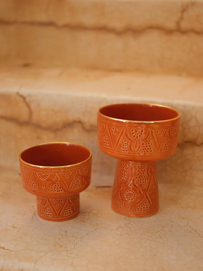 Mini Moroccan Footed Bowl – Embossed Ceramic with Gold Rim