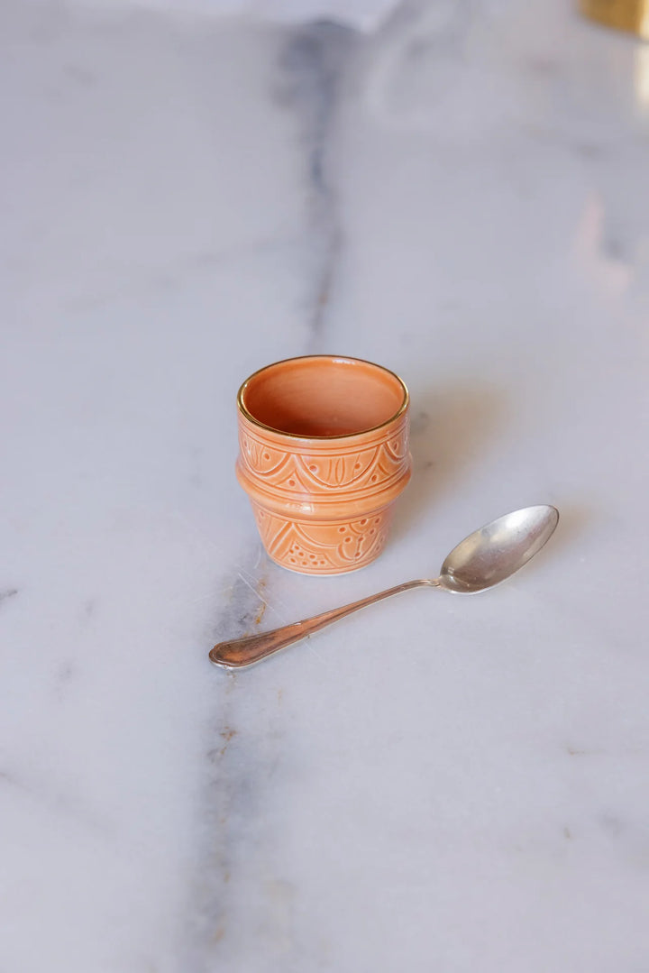 Handmade Moroccan Engraved Espresso Cups – Set of 2 Ceramic Cups with Gold Rim