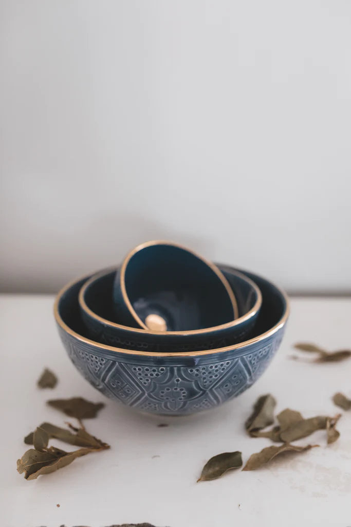 Blue Moroccan Ceramic Bowl with intricate pattern and gold rim accents