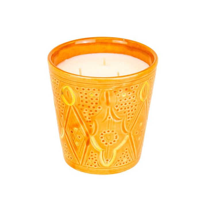 Handcrafted Orange Ceramic Scented Candle, Moroccan Home Fragrance, Decorative Candle, Orange Ceramic Candle with Pattern, Unique Moroccan Candle, Artistic Home Fragrance