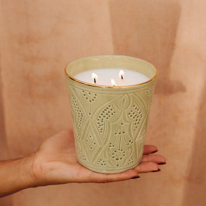 Handcrafted Green Ceramic Scented Candle, Moroccan Home Fragrance, Decorative Candle