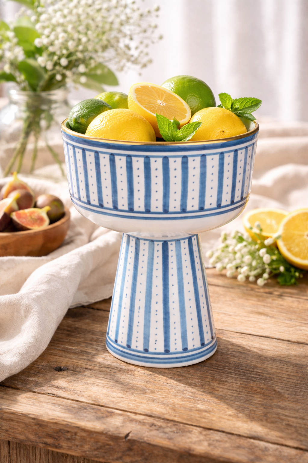 Blue Striped Pedestal Ceramic Bowl