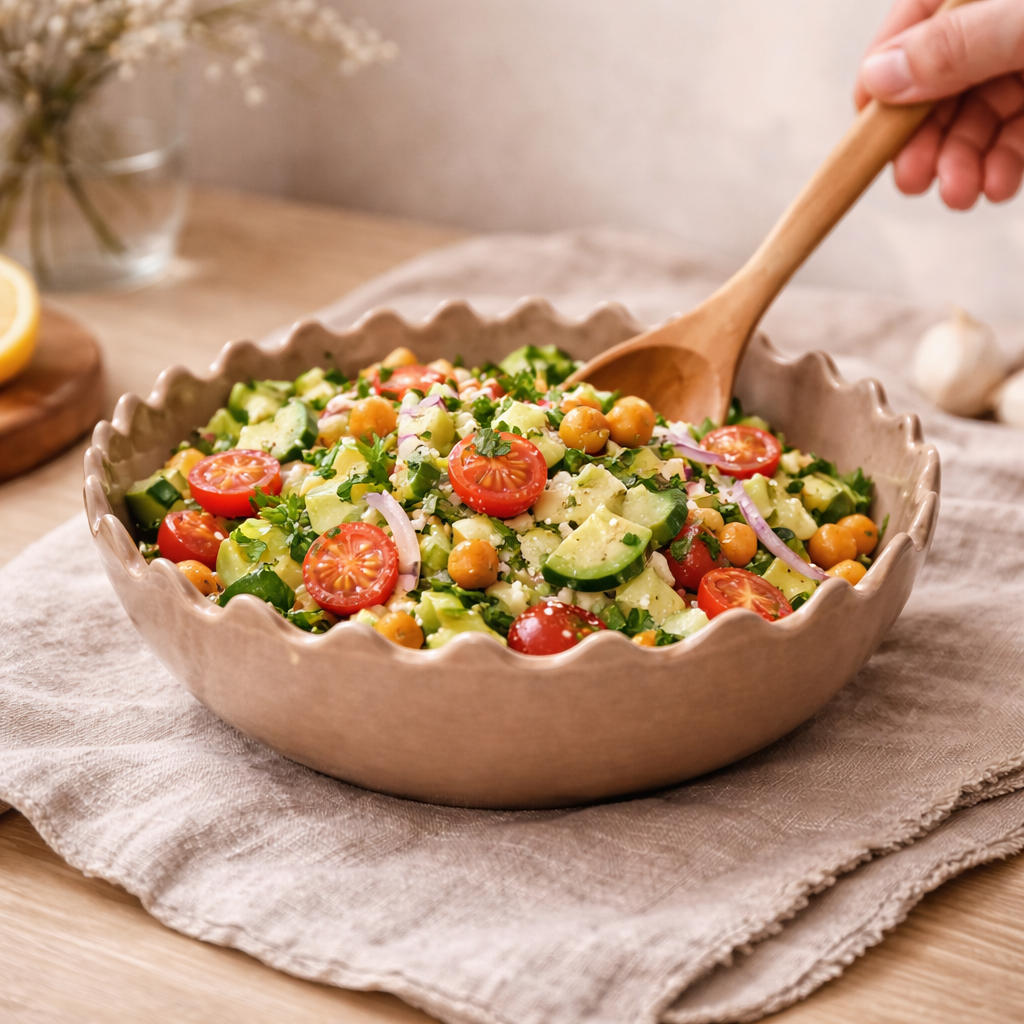Salad in a bowl with a wooden spoon on a table
