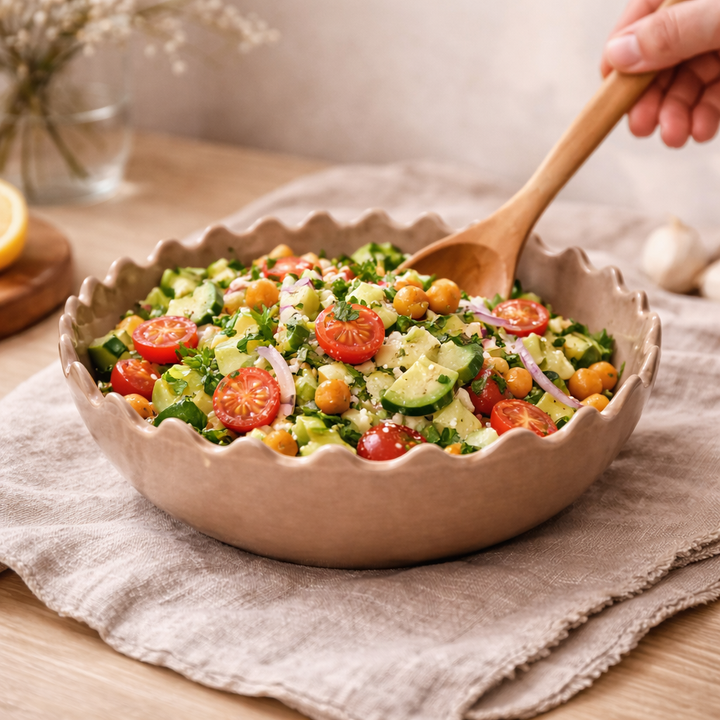 Salad in a bowl with a wooden spoon on a table