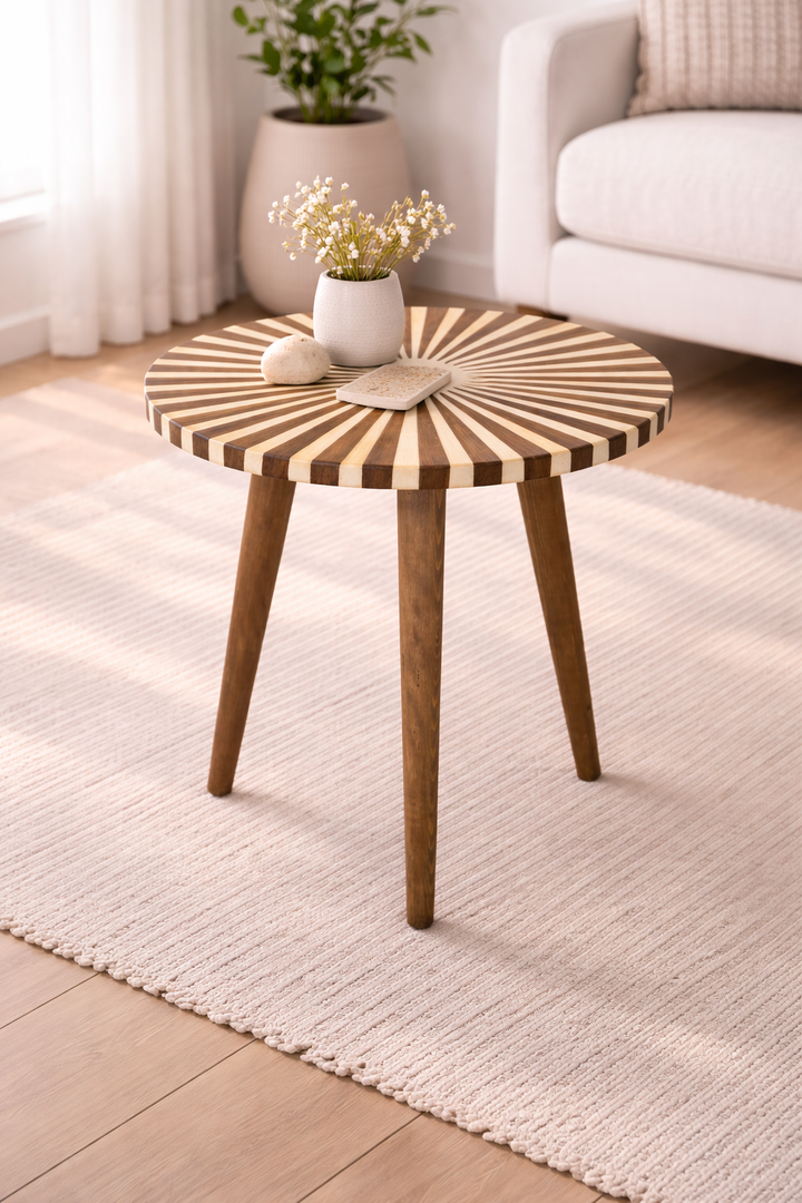 Cream & Natural Wood - Sunburst Inlay Round Accent Table