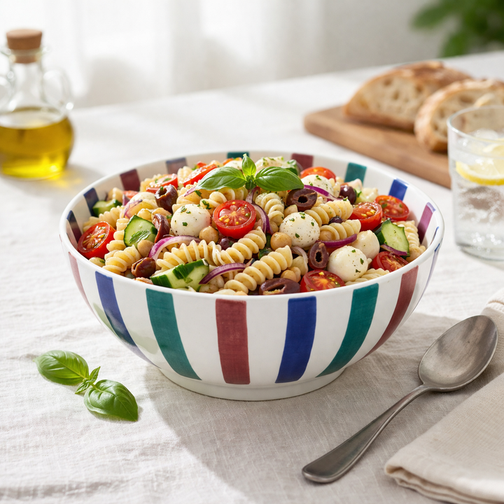 Hand Painted Striped Ceramic Serving Bowl – Large Salad, Pasta & Fruit Bowl – Colorful Decorative Tableware