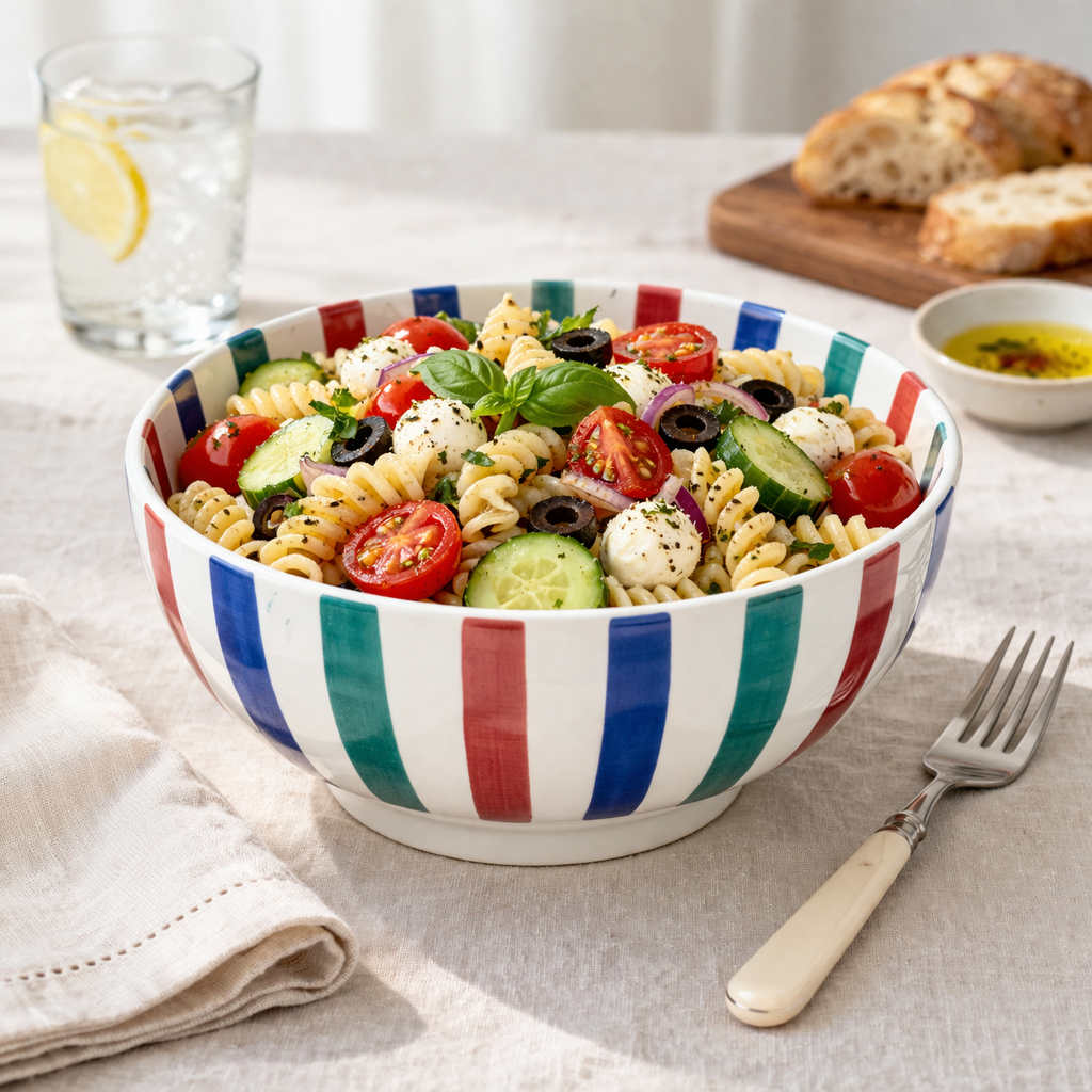 Hand Painted Striped Ceramic Serving Bowl – Large Salad, Pasta & Fruit Bowl – Colorful Decorative Tableware