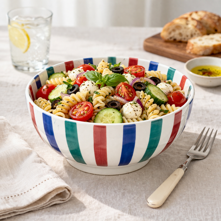 Hand Painted Striped Ceramic Serving Bowl – Large Salad, Pasta & Fruit Bowl – Colorful Decorative Tableware
