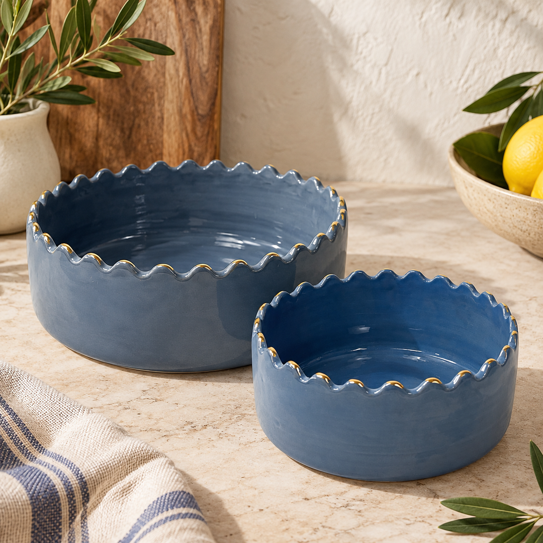 Blue Scallop Edge Stoneware Bowl