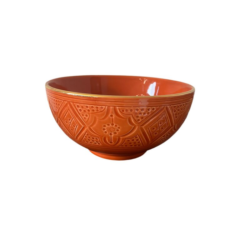 Large Moroccan Ceramic Bowl – Embossed Design with Gold Rim