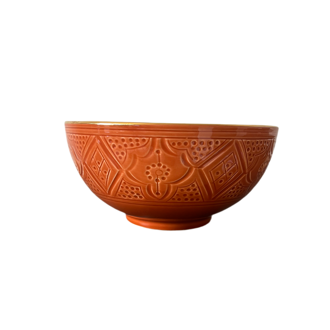 Large Moroccan Ceramic Bowl – Embossed Design with Gold Rim