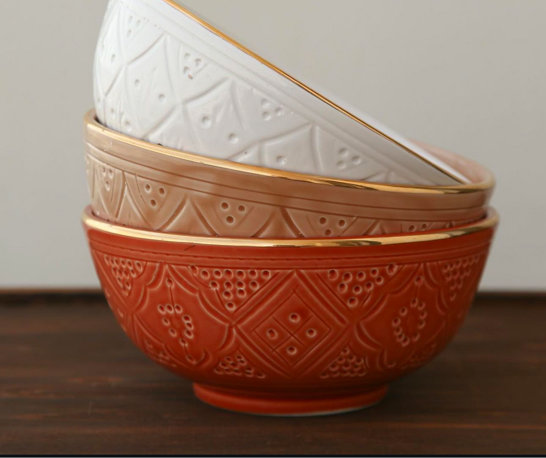Large Moroccan Ceramic Bowl – Embossed Design with Gold Rim