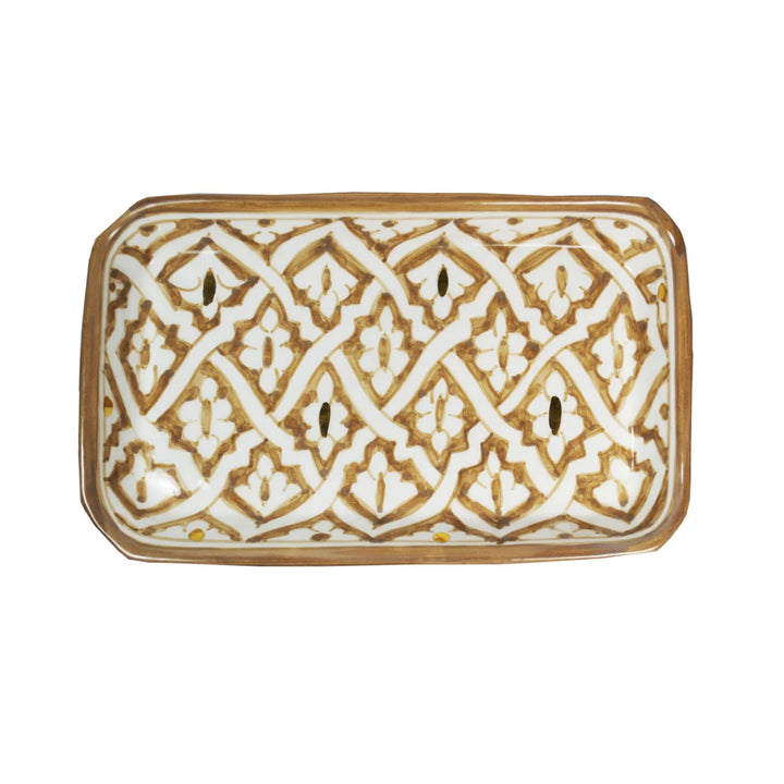 Fassia Rectangular Tray – Top View of Hand-Painted Moroccan Serveware in Brown and White Patterns