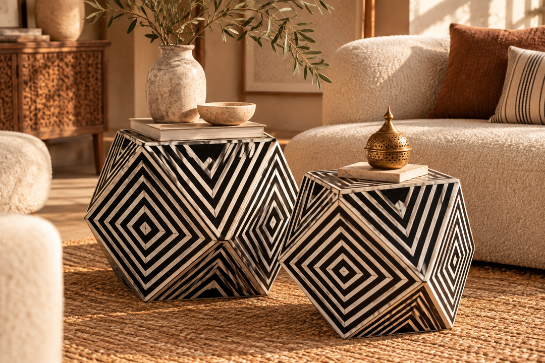Geometric Bone Inlay Side Table — Black & White