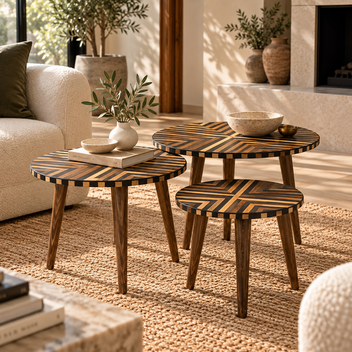 Black & Wood Nesting Coffee Tables — Set of 3