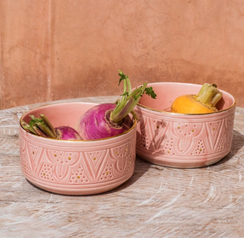 Handmade Moroccan Ceramic Bowls – Embossed Design and Gold Rim