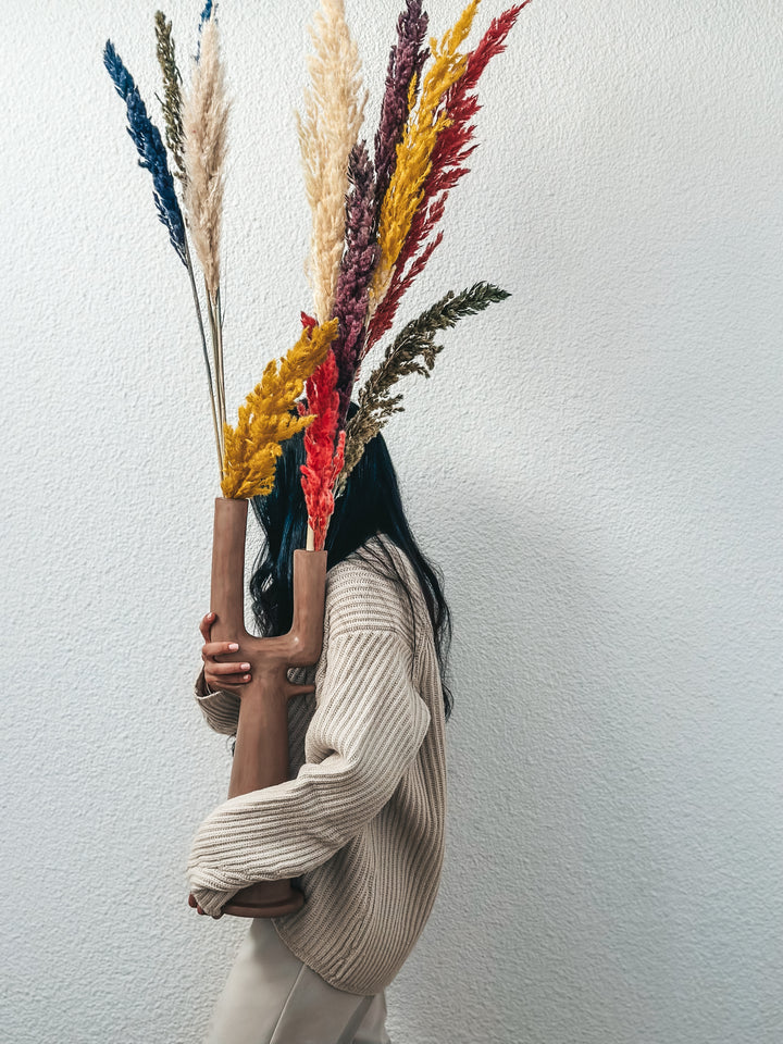 Dual Branch Ceramic Beige Vase – Sculptural Decor