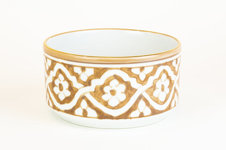 Hand-painted Moroccan ceramic small bowl featuring a gold edge and decorative dip serving design. 