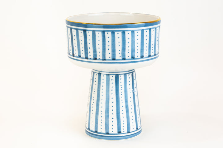 Blue Striped Pedestal Ceramic Bowl