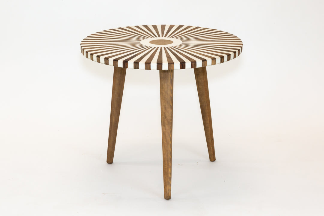 Cream & Natural Wood - Sunburst Inlay Round Accent Table