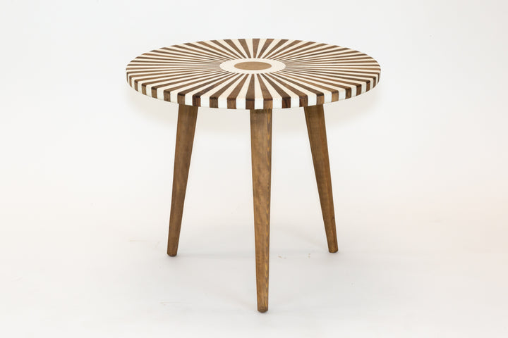 Cream & Natural Wood - Sunburst Inlay Round Accent Table