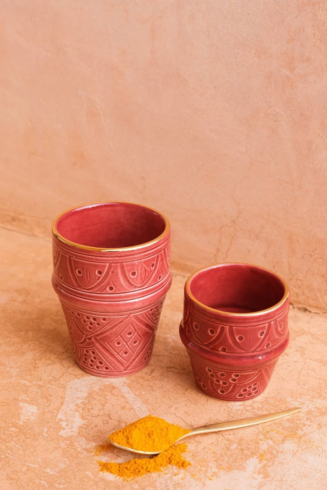 Handmade Moroccan Engraved Espresso Cups – Set of 2 Ceramic Cups with Gold Rim