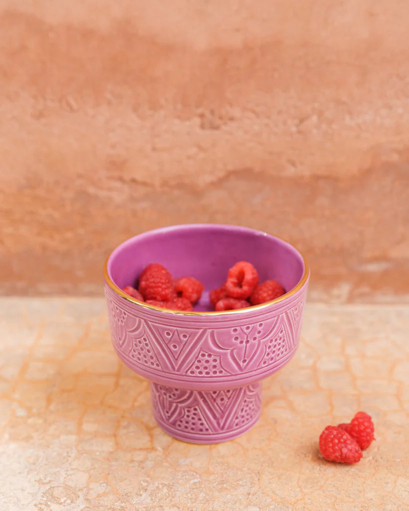 Mini Moroccan Footed Bowl – Embossed Ceramic with Gold Rim