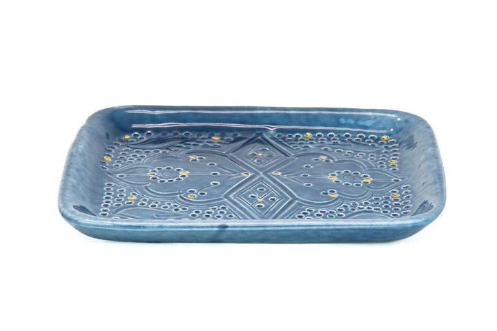 Moroccan Home Decor, Small Engraved Blue and Gold Ceramic Tray for Serving or Decoration