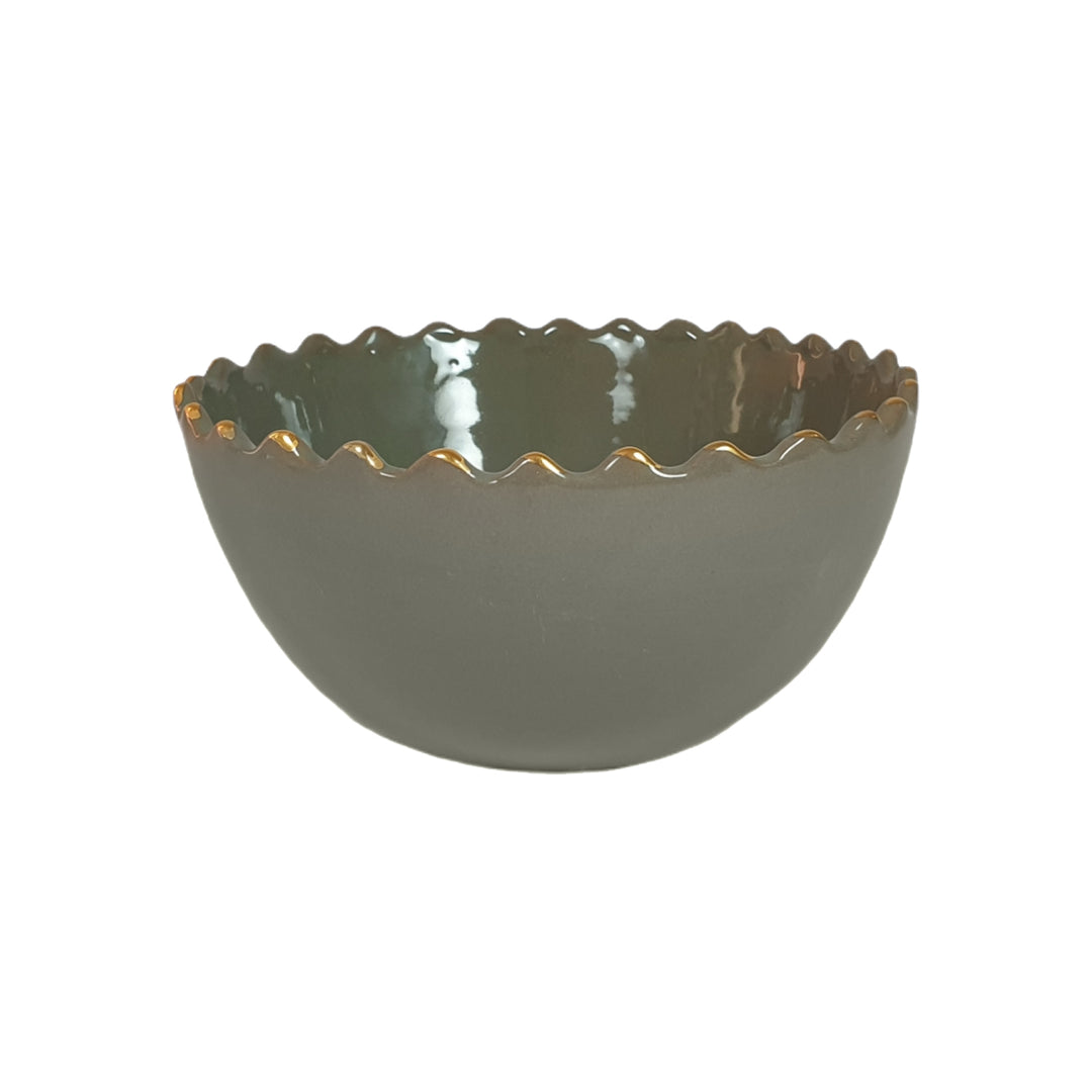 Handcrafted green ceramic salad bowl with gold-trimmed scalloped edges.