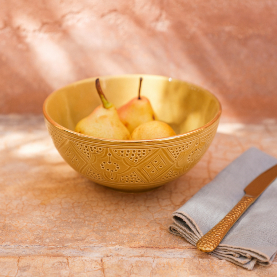 Large Moroccan Ceramic Bowl – Embossed Design with Gold Rim
