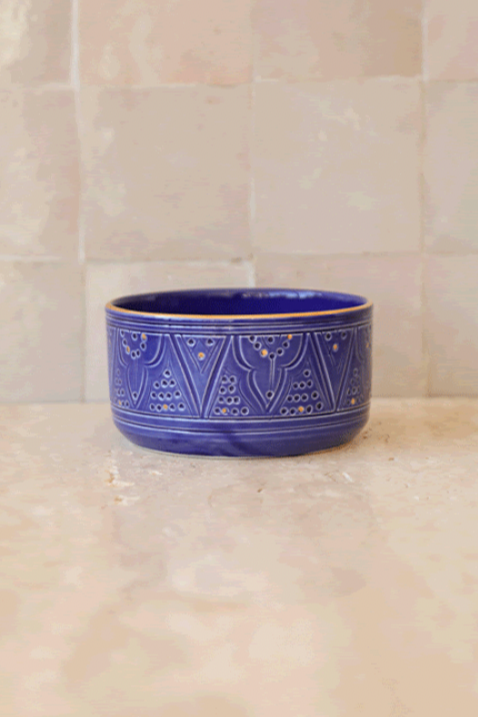 Front view of Engraved Artistry Bowl – Moroccan handcrafted bowl in Majorelle blue with intricate detailing