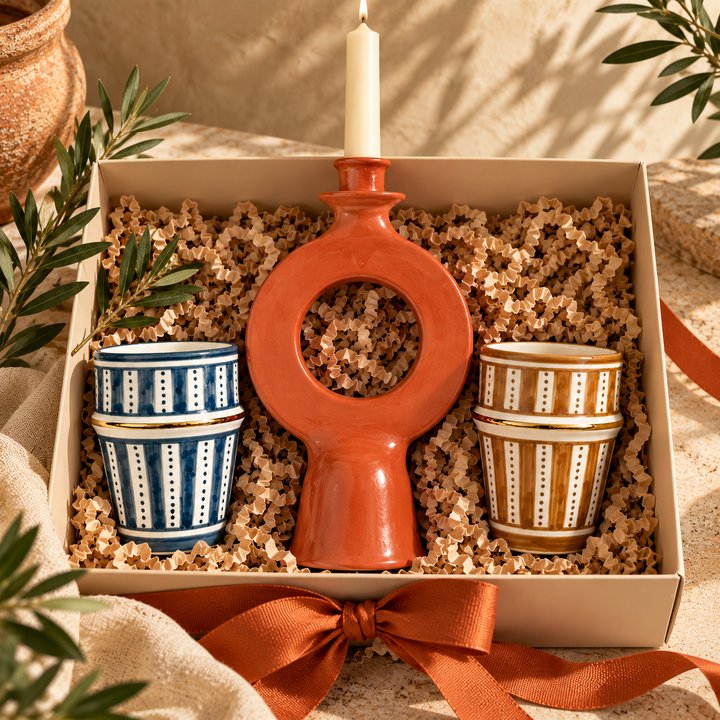 Moroccan Gift Box Set – Handmade Candle Holder & Ceramic Cups – Curated Artisan Gift
