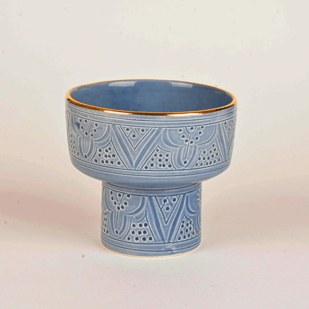 Mini Moroccan Footed Bowl – Embossed Ceramic with Gold Rim