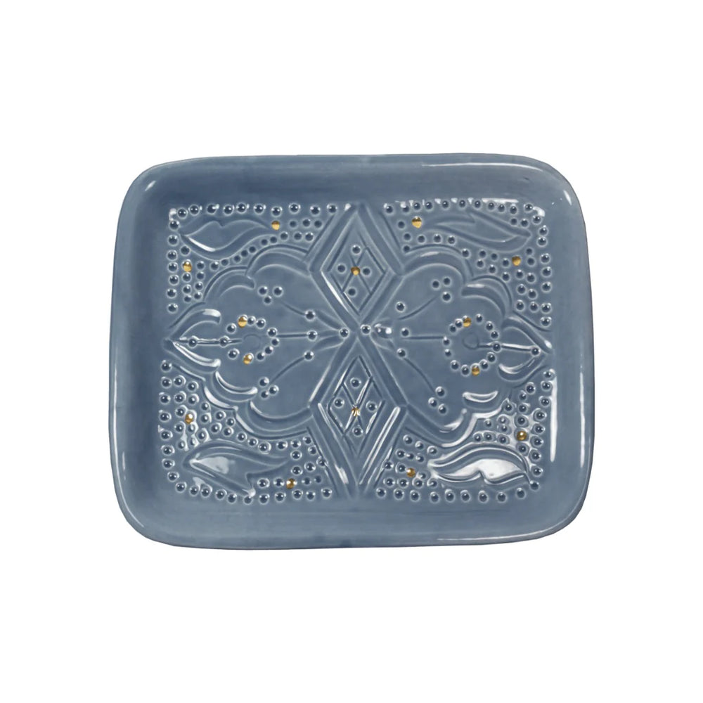 Moroccan Engraved Ceramic Tray with Blue and Gold Design