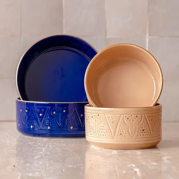 Handmade Moroccan Ceramic Bowl – Embossed Design and Gold Rim