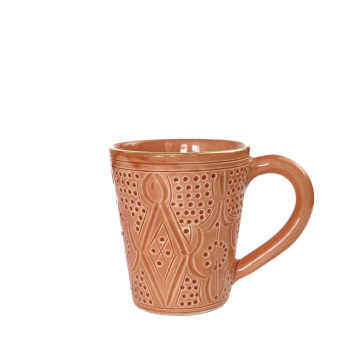 Handmade Moroccan Ceramic Mug – Embossed Coffee Mug with Gold Rim