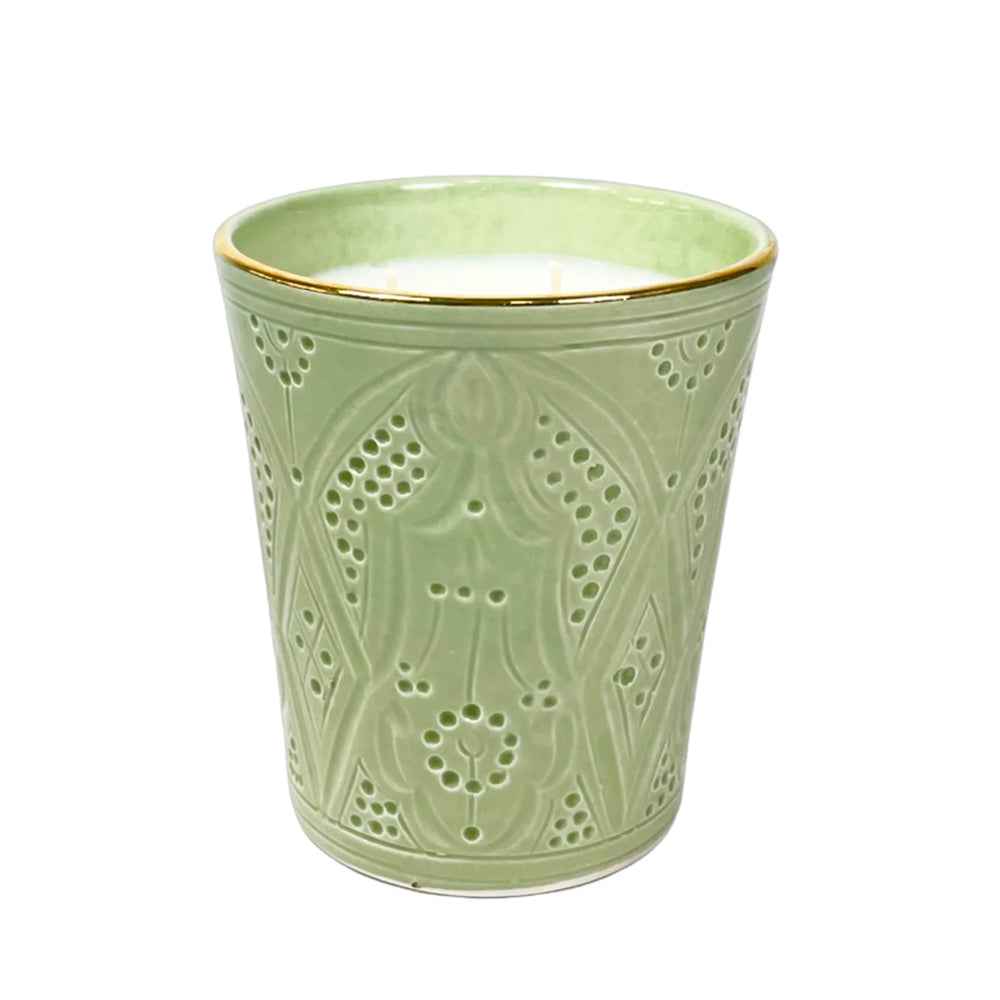 Green Ceramic Candle with Pattern, Unique Moroccan Candle, Artistic Home Fragrance