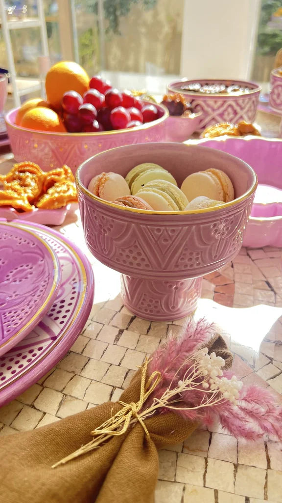 Mini Moroccan Footed Bowl – Embossed Ceramic with Gold Rim