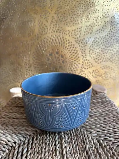 Handmade Moroccan Ceramic Bowl – Embossed Design and Gold Rim