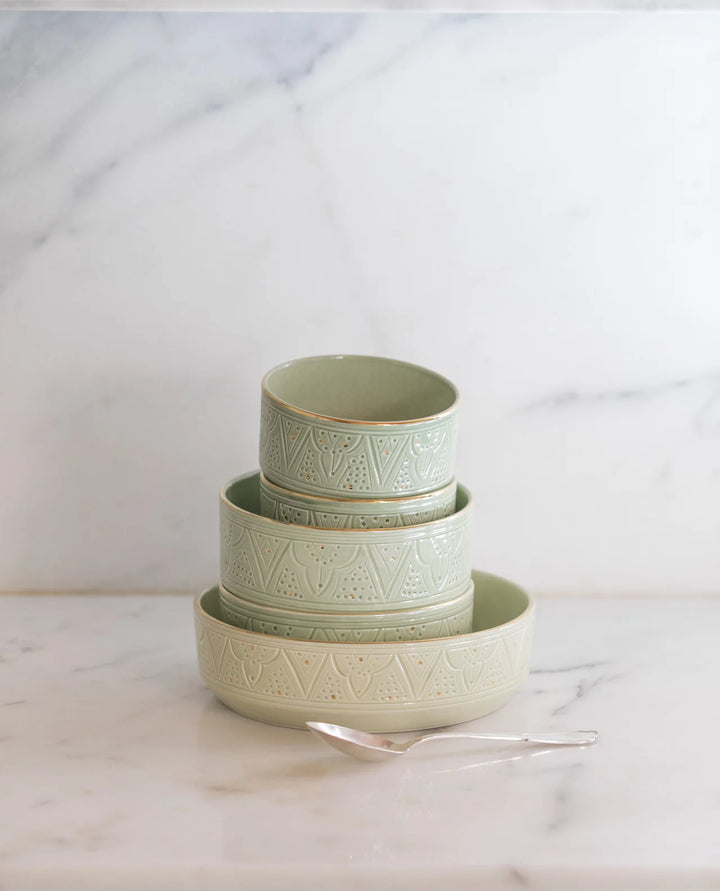 Handmade Moroccan Ceramic Bowl – Embossed Design and Gold Rim