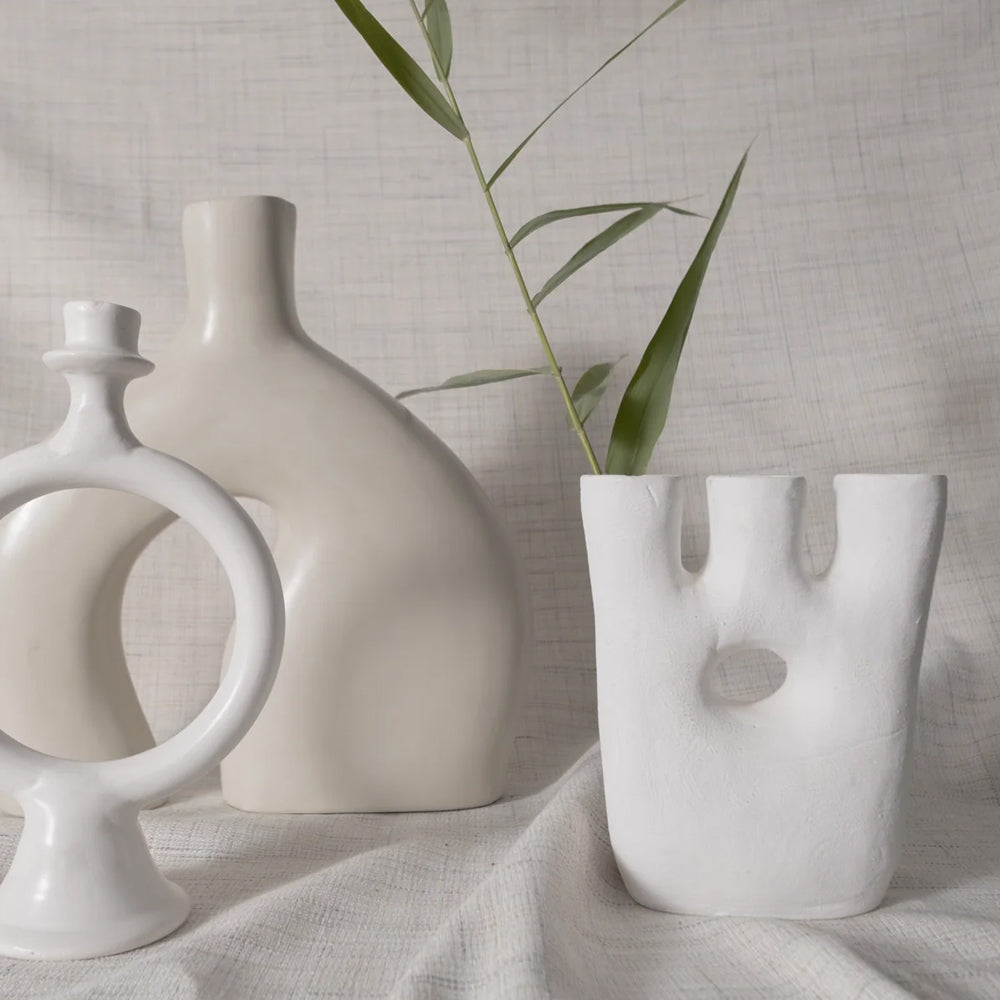 Handcrafted Moroccan White Ceramic Vase Sculpture - Minimalist Home Accent