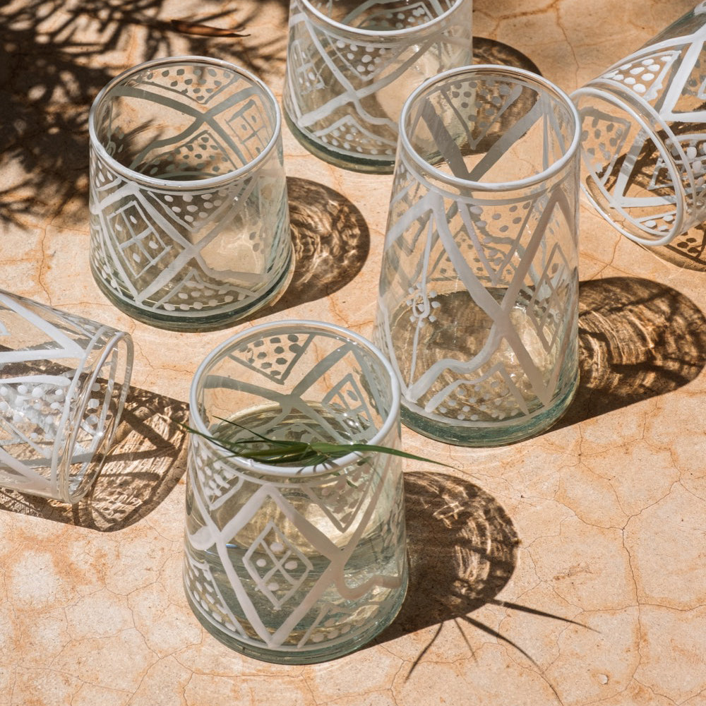 Handmade Moroccan Recycled Glasses Set of 6 - Hand-Painted Modern Drinkware, Moroccan Handcrafted Recycled Glass Glasses